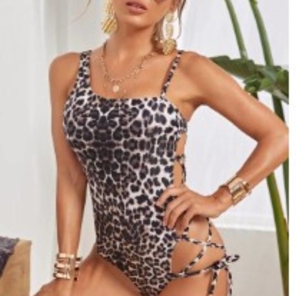 Exotic Leopard One Piece Cut Out Bathing Suit Asymmetrical Modern LIMITED ITEM! - Picture 1 of 6